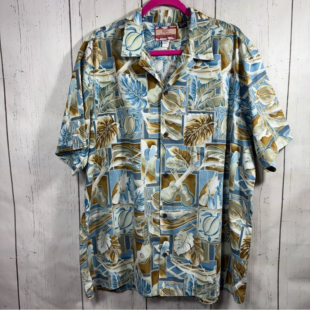 RJC Hawaiian Aloha Camp Shirt 2XL Blue Tropical Made In Hawaii USA Beach Resort